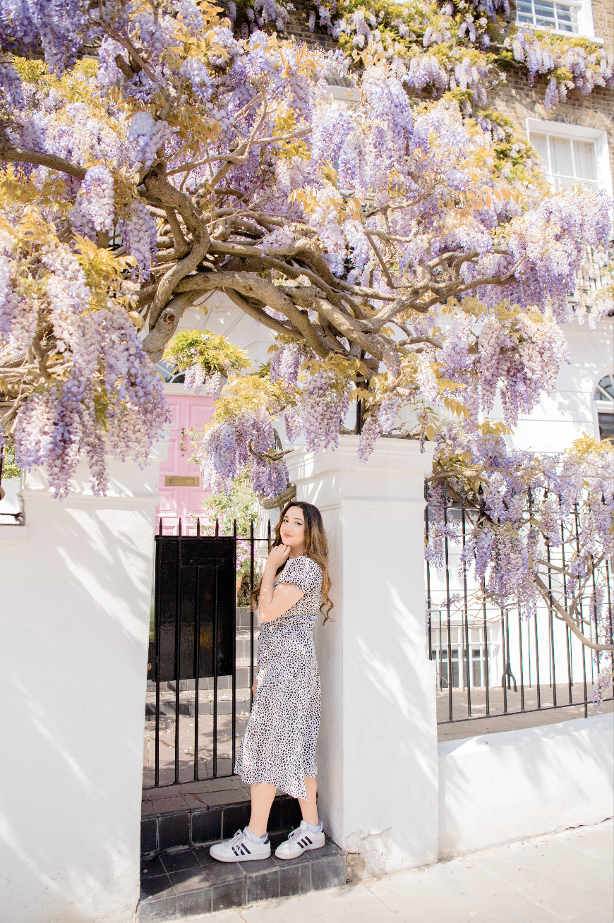 Girl with brown hair standing in front of a blooming wisteria tree